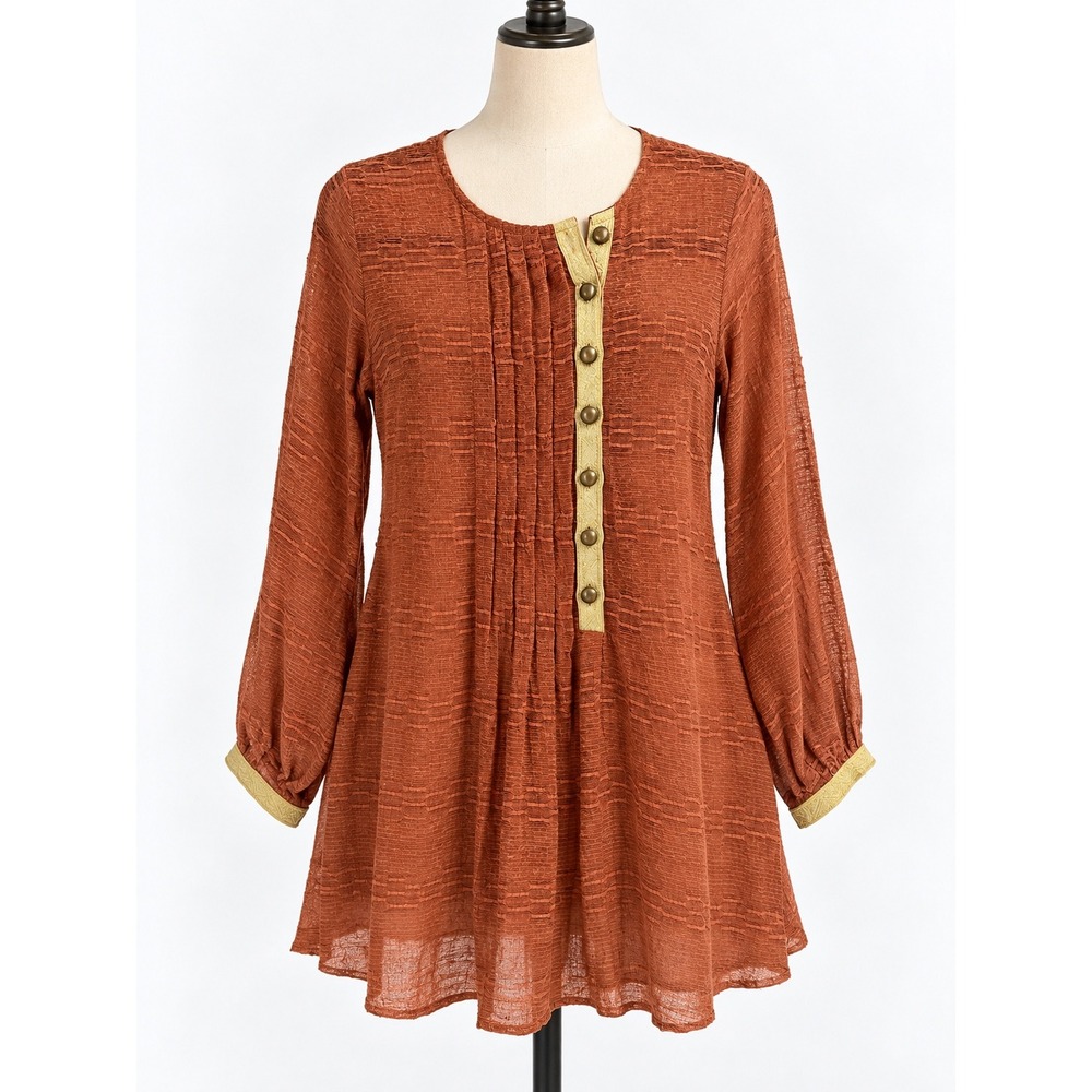 Plenty by Tracy Reese Tunic Top XS Terracotta Pleated Button Boho Ethereal NWT